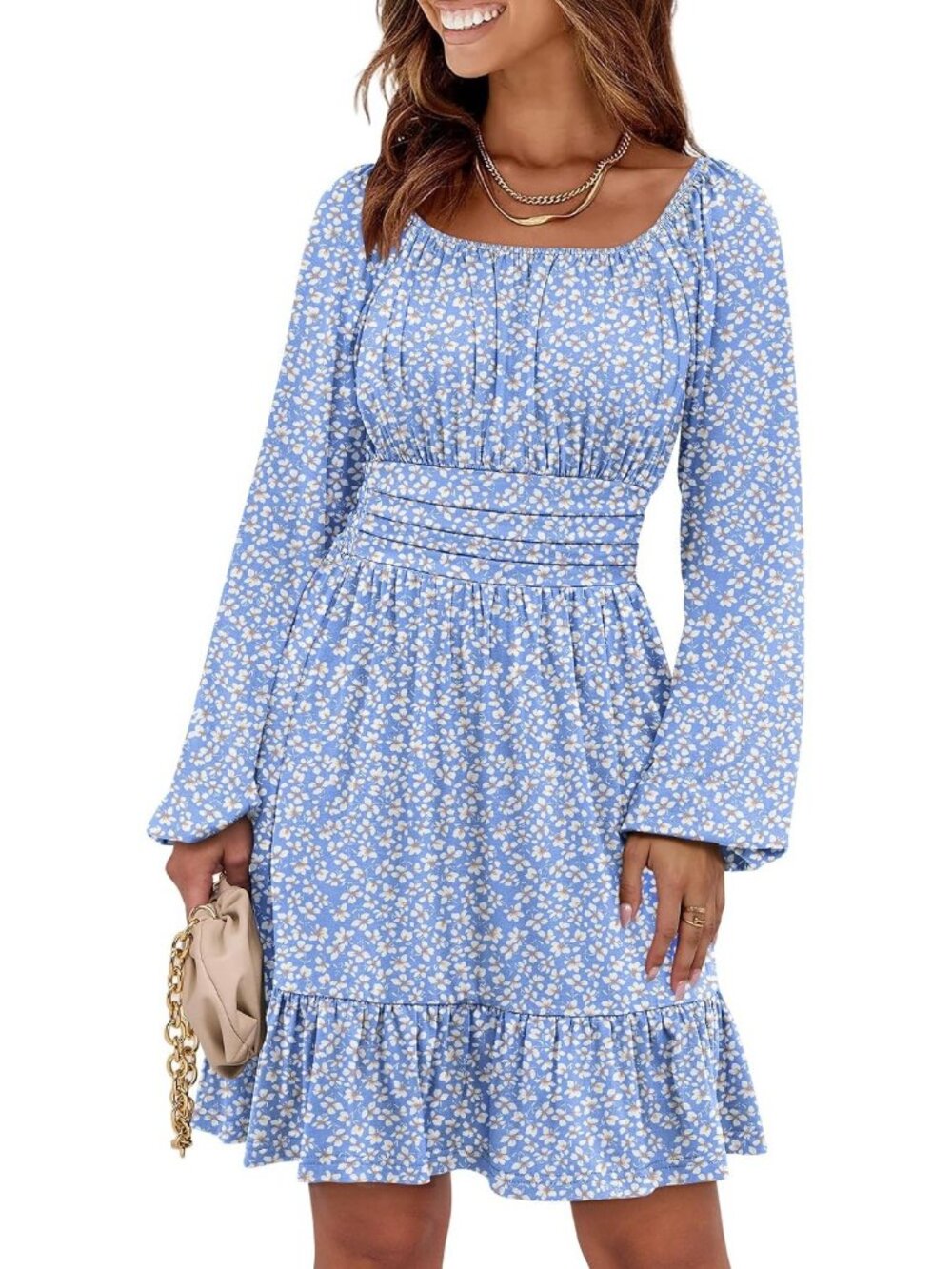 Women's Blue Floral Lantern Sleeve Square Neck Elastic Waist A-Line Short Dress